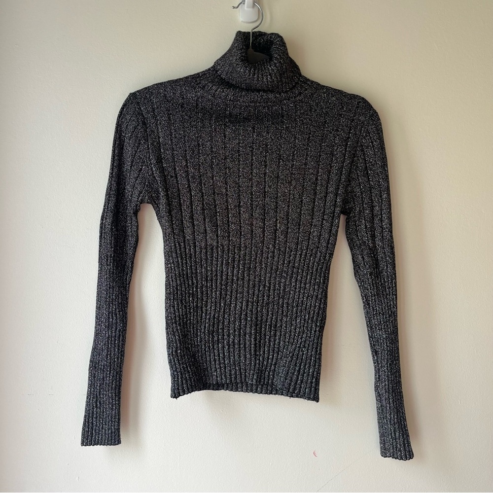 Black Metallic Ribbed Knit Turtleneck Sweater Stretch Shimmer Long Sleeve S/M